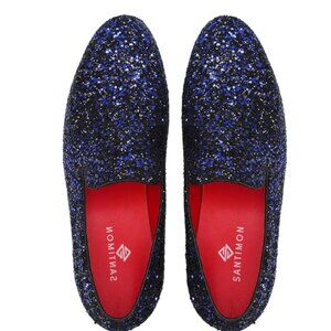 Santimon Men's US 7.5-12 Blue Sequins Glitter Smoking Loafers Casual Shoes